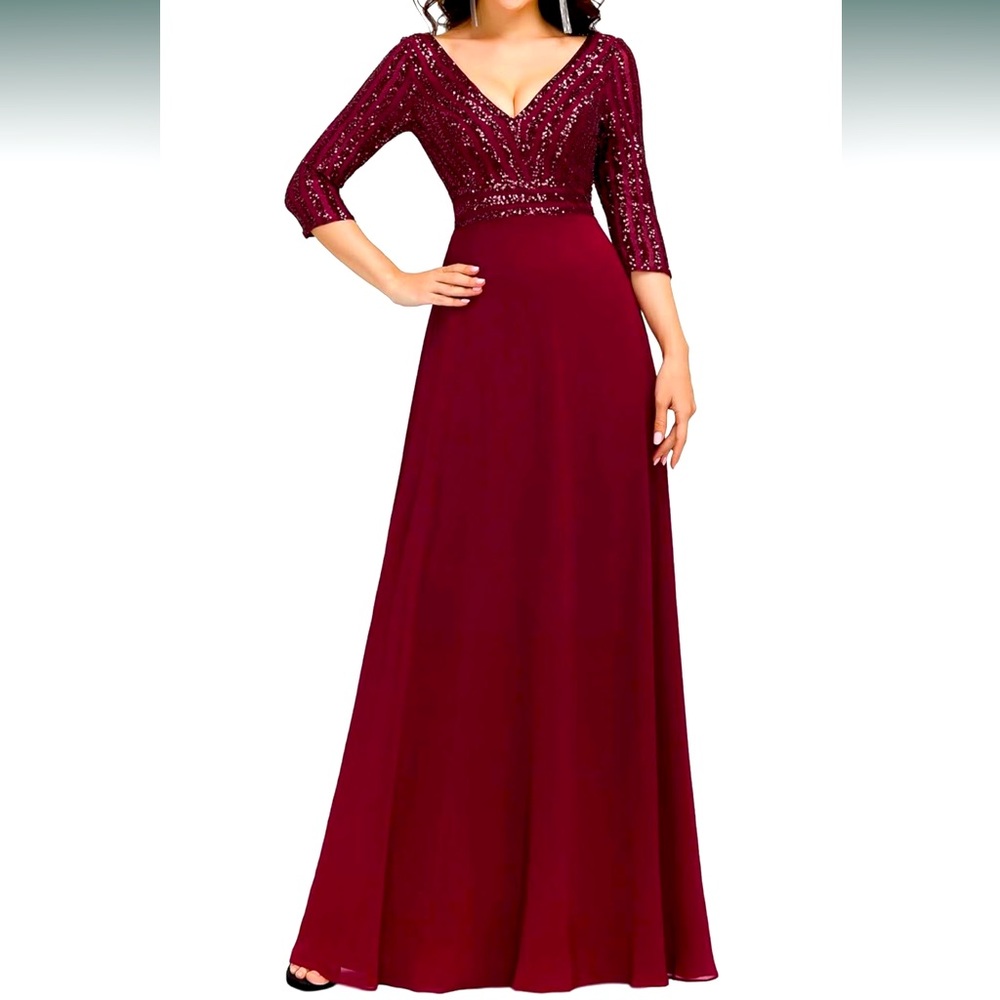 Women's Elegant V-Neck Long Sleeve Sequin Evening Party Dress